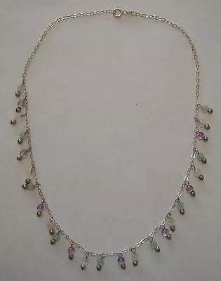 Sterling Silver 16  Link Necklace W/ Purple Clear Green Beads 6.89 Grams - #Q103 • $11.99