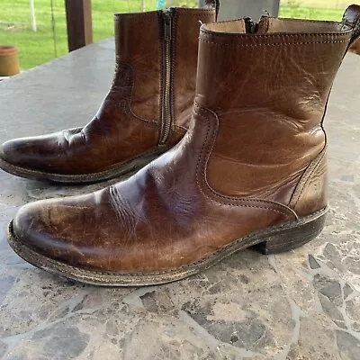 Mens Primo Distressed Frye Side Zip Ankle Boots Brown Size 10 D • $85