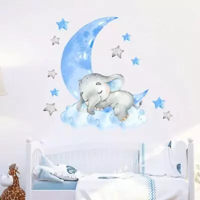 Baby Elephant Sleeping Moon Wall Stickers Nursery Room Decor • £5.70