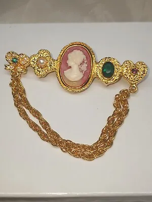 Vintage Maxine Denker Goldtone Faux Cameo Brooch Pin Faux Pearls And Rhinestones • $48.75