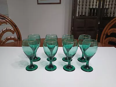 VTG Libby Juniper Green Water Wine Goblets Set Of 8 Glass Teardrop Gold Rim 🔥 • $47.99