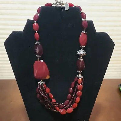 Akr Amy Kahn Russell Red Faceted Multi Strand Sterling Silver Statement Necklace • $228.43