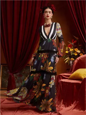 Frida Kahlo Maxi Dress Floral Bohemian Sexy Tall Long Low Plunge VNeck Boho Goth • $85