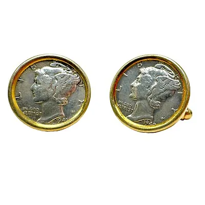 Vintage 1942 Mercury Dime Sterling Vermeil Cuff Links • $26.23