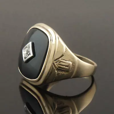 Antique Art Deco Solid 10K Gold Onyx & Diamond Man's Estate Signet Ring • $495