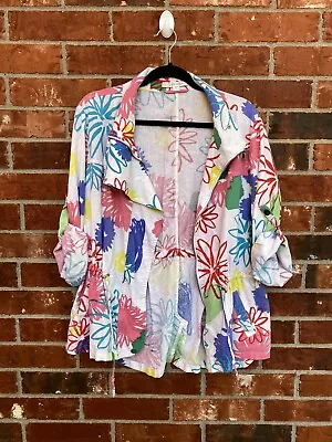 Vintage Erin London Womens XL Linen Floral Roll Tab Utility Jacket Quirky Retro • $29.99