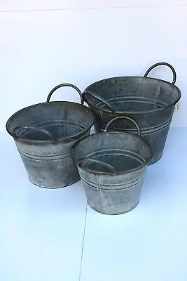Set Of 3 Round Vintage Zinc Galvanised Metal Garden Flower Planter Tub Pot (M) • £29.99