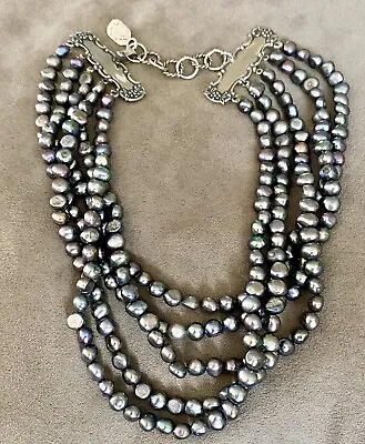 .925 Sterling Silver T. Foree Designer Black Pearl Multi Strand Necklace • $129