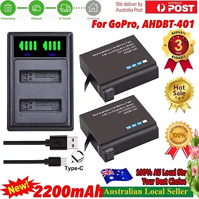 2 Battery +USB-C Charger C-Port For GoPro AHDBT-401 HD HERO 4 Sport Camera Black • $38.98