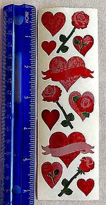 Sandylion HEARTS & RED/PINK ROSES PRISMATIC - 1 Strip Of Vintage Stickers • $5.50