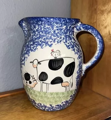 Molly Dallas Spatterware Folk Art Pottery Animal Cow Large Water Pitcher 8” • $16.50