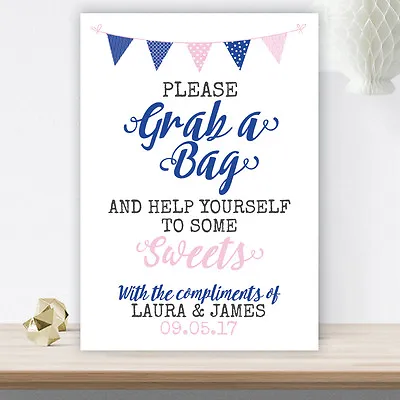 £5.50 • Buy Pink & Blue Bunting PERSONALISED Candy Buffet Sweet Table Cart Sign Wedding PBB3