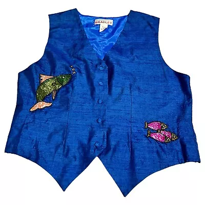 The World According To Bradley 80s Blue Silk Beaded Fish Vntg Vest Size Medium • $56.20