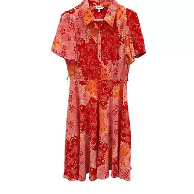 Nanette Lepore Red Pink Orange Floral Paisley Pintuck Shirt Midi Dress 8 • $20