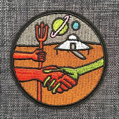 ALIEN MEETS THE DEVIL Outer Space UFO 100% Embroidered Patch Badge Motif Iron-On • $7.95