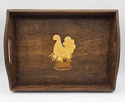 Vtg Hand Painted Wooden Tray W/Chicken On Nest Handles Farmhouse Country Decor • $10.99