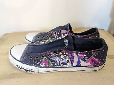 ED HARDY  Patent Canvas Laceless Slip On Sneaker Shoes Women’s Sz 8 Blue Skull • $45