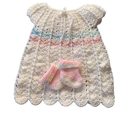 Handmade Crochet Baby Dress Gown White Blue Yellow Pink Booties Set Scalloped • $23.95