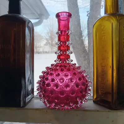 Antique Hand Blown Cranberry Hobnail Barber Bottle Hobbs Or Fenton Ground Pontil • $55