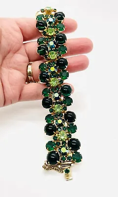 $199.99 • Buy Wide Green Rhinestone & Glass Cabochon Mogul Bracelet Vintage Jewelry