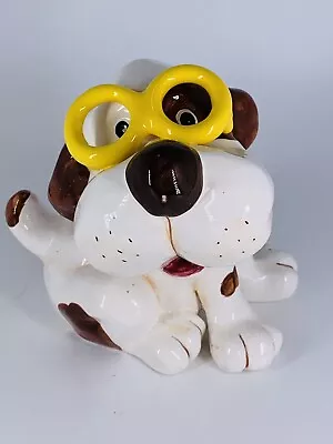 Vintage Ceramic Dog Coin Piggy Bank Yellow Glasses • $17.85