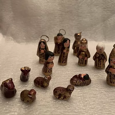 Vintage 14 Pc Lot Mexican Clay Pottery Black Gold Hand Painted Nativity Folk Art • $22