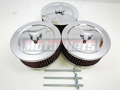 3x Chrome Triple Air Cleaner Kit Washable 6-3/8  Round 4 Barrel Carb Scoop Rod • $84.66