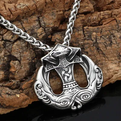 Men's Norse Viking Stainless Steel Raven&Thor Hammer Mjolnir Pendant Necklace • $8.99