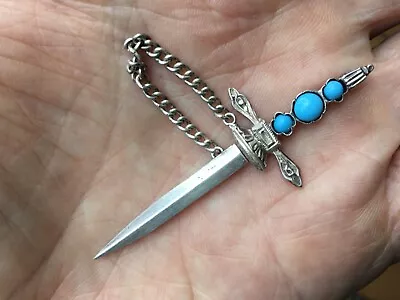 Antique Solid Silver Turquoise Cabochon Sword Pin Brooch Cravat • £40.80