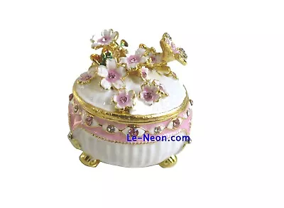 Bejeweled Pink Flower Oval Round Box Hinged Metal Enameled Rhinestone Trinket • $19.99