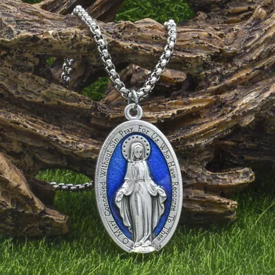 Large 1 3/4  Blue Miraculous Medal Mary Pendant Necklace Italy W 24  Box Chain • $14.99