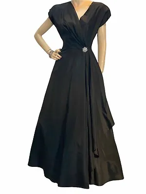 Sz S Black Taffeta Vtg 40s Long Dress Ball Gown Old Hollywood Evening Party • $250