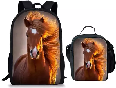 Amzbeauty Cool Horse Print Large Backpack Set Rucksack School Bag Lunch Bag Box • £46.07