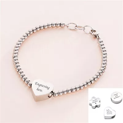 Personalised Charm Bead Bracelet Any Engraving Heart Flower Or Round Charm • £19.99