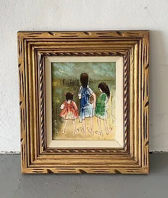 Vintage Original Oil Painting Three Girls Signed Gold Framed 17”x 15”in • $129