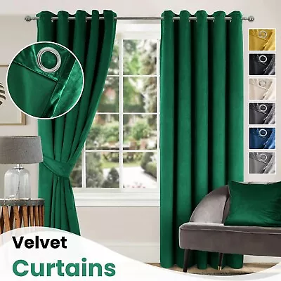 Thick Heavy Velvet Curtains PAIR Of Eyelet Ring Top Fully Lined Ready Made  • £31.99