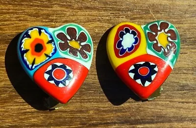 Vintage Heart Millefiori Clip On Earrings Flower Colorful Boho Floral Hippie • $19.99