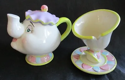 Vintage Taiwan Disney Mrs Potts Ceramic Teapot & Chip Cup Beauty & Beast • $18.50