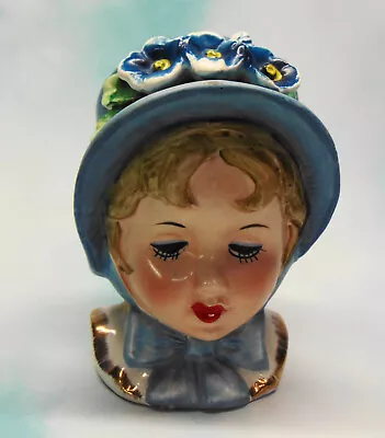 Vintage E991 Girl Lady Head Vase 4 Inches Blue Hat With Flowers Long Hair • $19.95