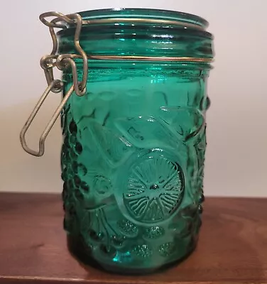 Vintage Teal  Aquamarine Green Glass Canister Wire Bail Lid  • $16.80