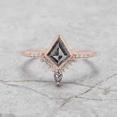 0.60 Ct Kite Cut Salt And Pepper Diamond Ring 14K Rose Gold Engagement Gift Ring • $454.30