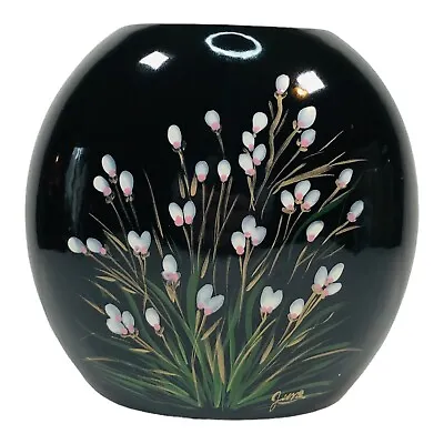 VTG Round Hand Painted Ceramic Vase Black Floral Buds Tall Grass Signed Deco • $22.80