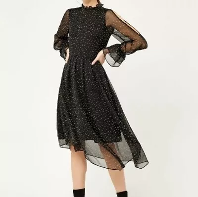 Warehouse BNWT Black Devore Spot Midi Dress Size 10 RRP £65 • £0.99
