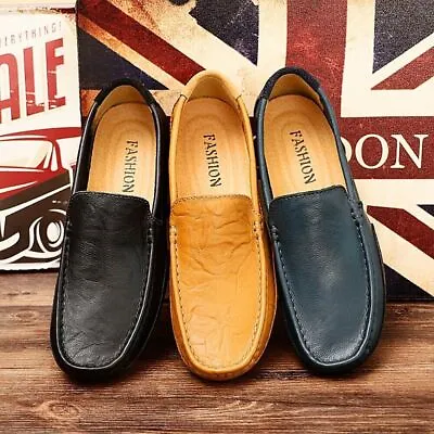 Men Leather Slip On Loafers Casual Driving Boat Deck Moccasin Shoes UK Size • £15.99