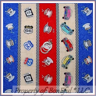 BonEful Fabric FQ Cotton Quilt Route 66 Travel Antique Car Classic Stripe Coffee • $4.90