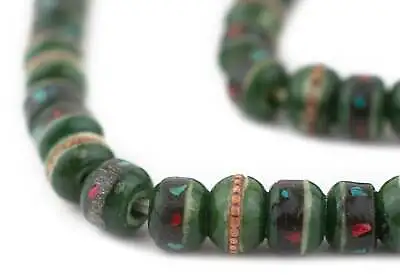 Green Vintage Inlaid Bone Prayer Beads 8mm Nepal Round Large Hole 28 Inch Strand • $24.50