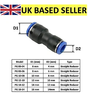 £27.30 • Buy Pneumatic Push In Fitting Air Water Pipe - Straight Reducer 4-6-8-10-12-14-16mm