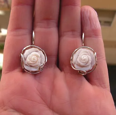 Antique Victorian Silver  925 Gold Carved Cameo  Flower  Rose  Dangle Earrings • $118.99