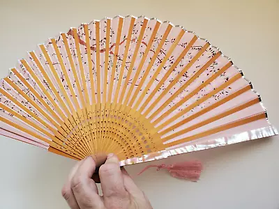 Vintage Japanese Pink Cherry Blossom And Pink Mother Of Pearl & Bamboo Hand Fan • $19