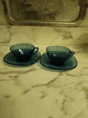 Vereco Duralex Set Of 2  Square Tea Cups Saucers  Emerald 4.25  Blue France • $18